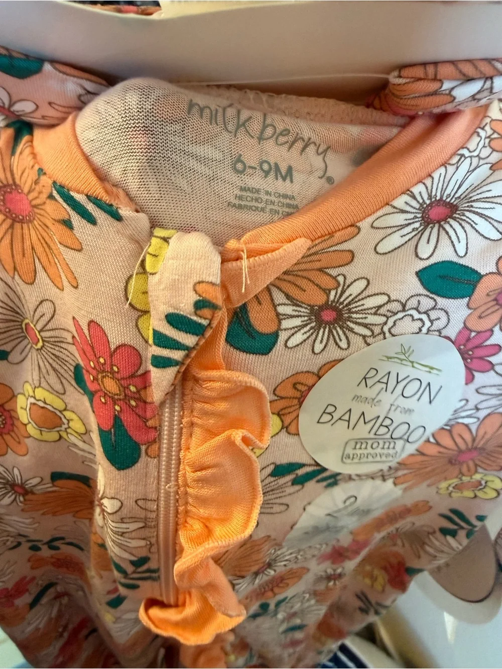 Milkberry Peach Floral Ruffle Footed One-Piece for Kids